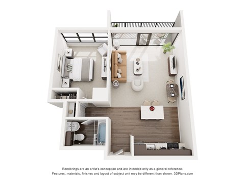 Floor plan for 1 bed, 1 bath, 611 sqft